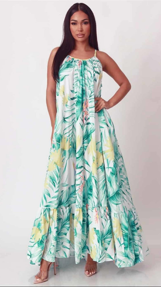 081425 Summer Tropical Printed Sleeveless Maxi Dress One Size Fit