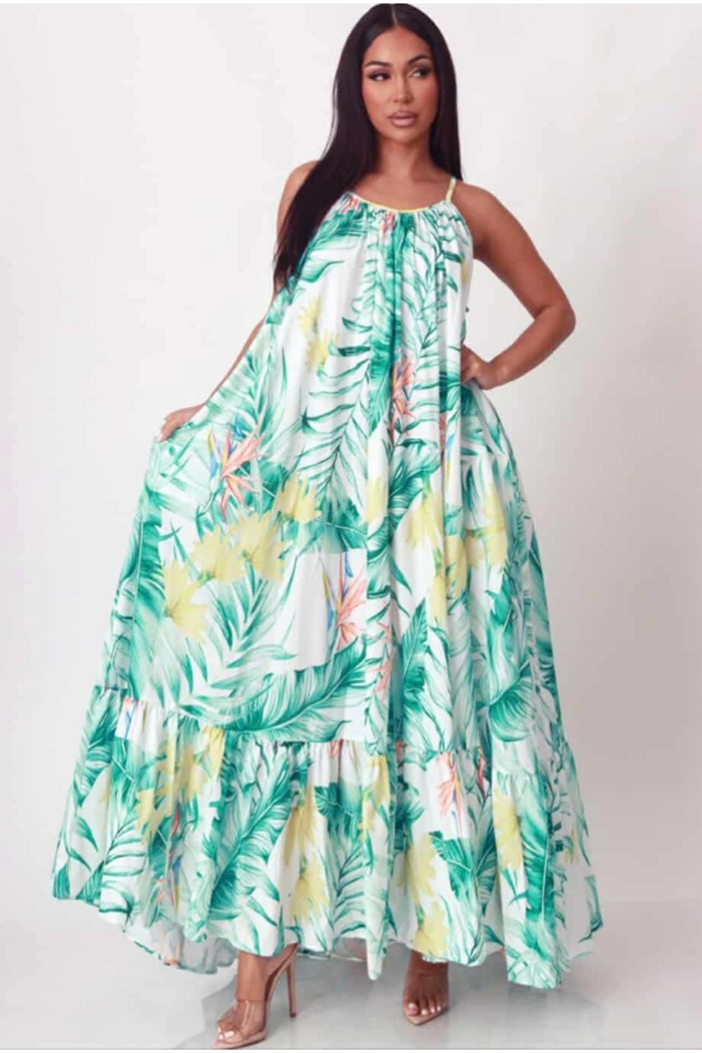 081425 Summer Tropical Printed Sleeveless Maxi Dress One Size Fit