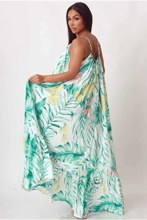 081425 Summer Tropical Printed Sleeveless Maxi Dress One Size Fit