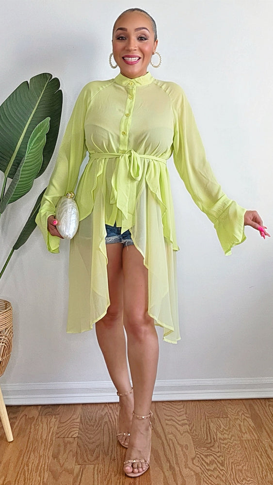 040925 Our Lime Button Down Hi-Low Bell Sleeve Blouse