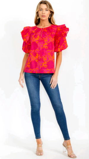 040925 Fuchsia with Orange Print Florals Puff Sleeve Keyhole Blouse