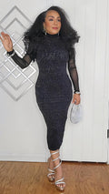 121224 Black Metallic Yarn Knit Midi Sweater Dress with Organza Ruffled Sleeve