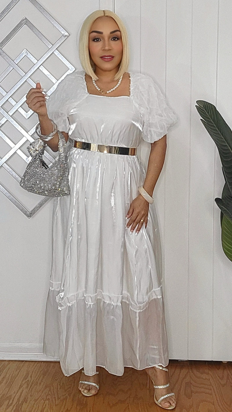 010925 White Short Puffy Sleeve Satin Dress