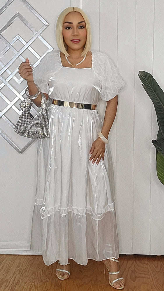 010925 White Short Puffy Sleeve Satin Dress