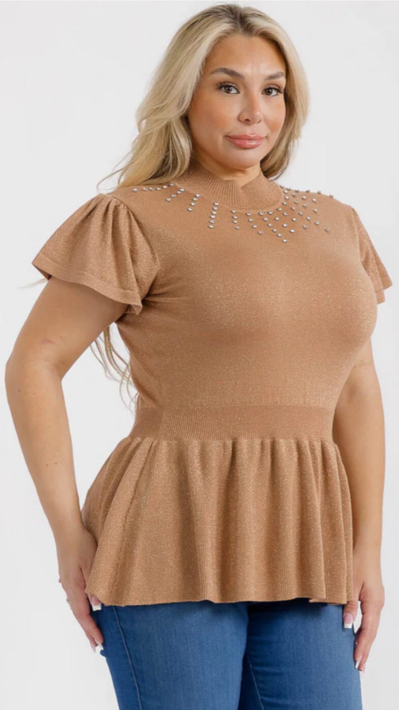061025 Gold Short Sleeves Mock Neck Studs Shimmer Peplum Blouse