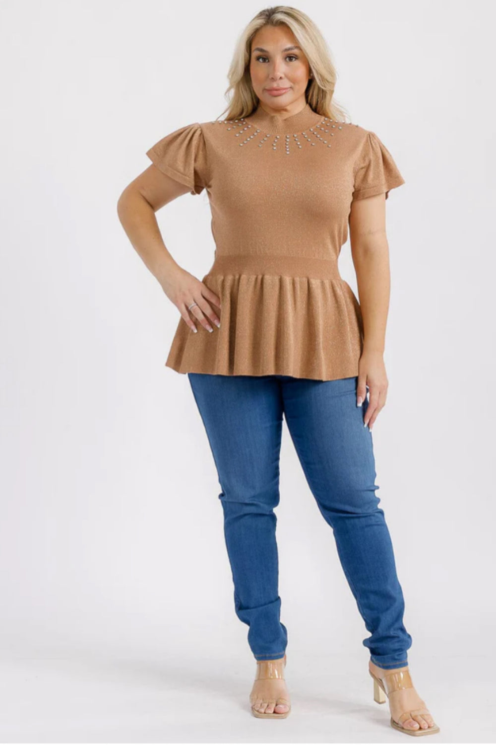 061025 Gold Short Sleeves Mock Neck Studs Shimmer Peplum Blouse