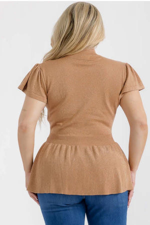 061025 Gold Short Sleeves Mock Neck Studs Shimmer Peplum Blouse