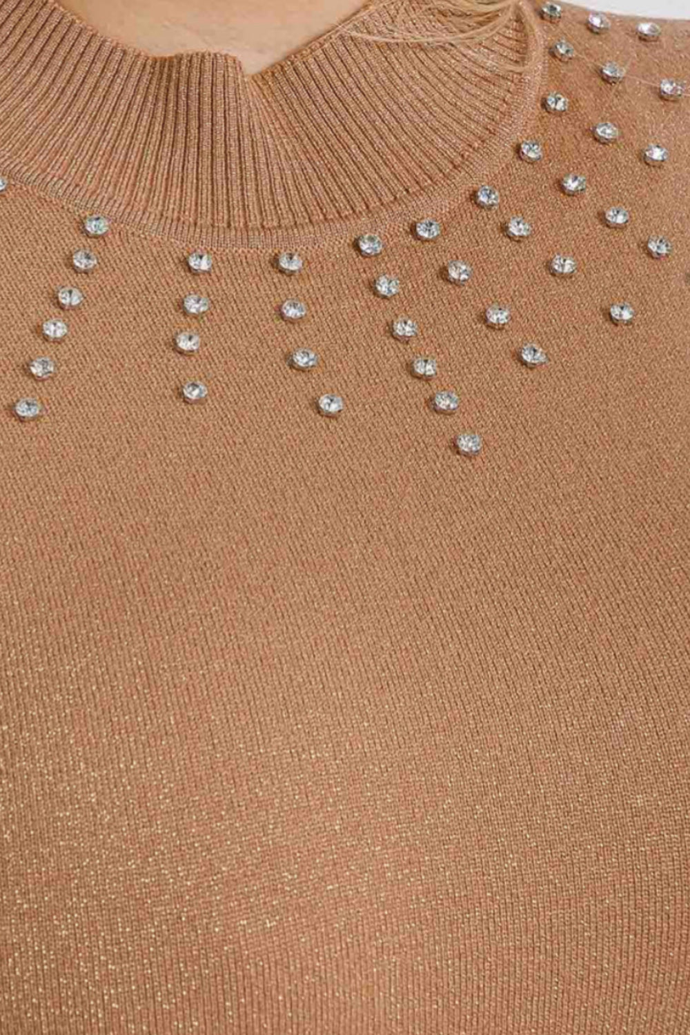 061025 Gold Short Sleeves Mock Neck Studs Shimmer Peplum Blouse