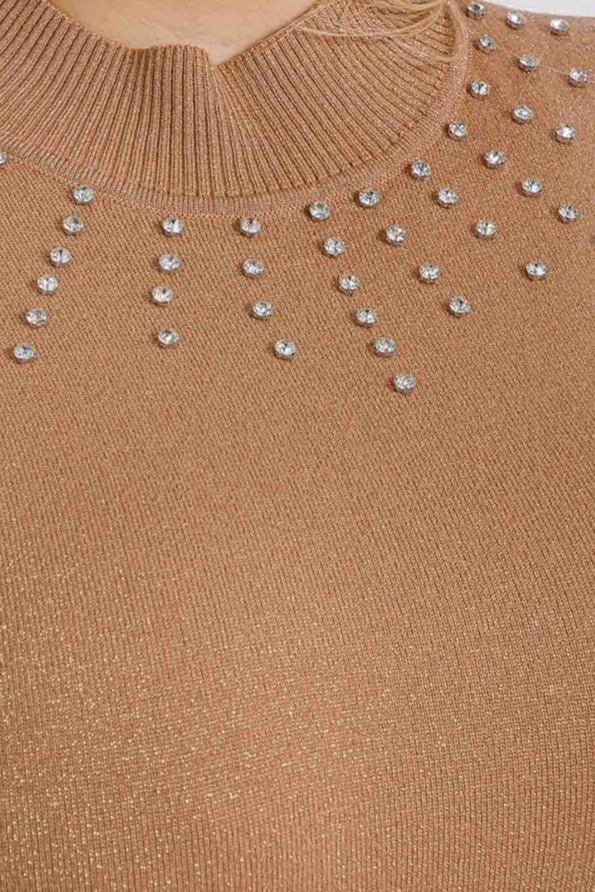 061025 Gold Short Sleeves Mock Neck Studs Shimmer Peplum Blouse