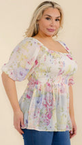 040825 Ivory Square Neck Smock Florals Peplum Short Sleeve Blouse