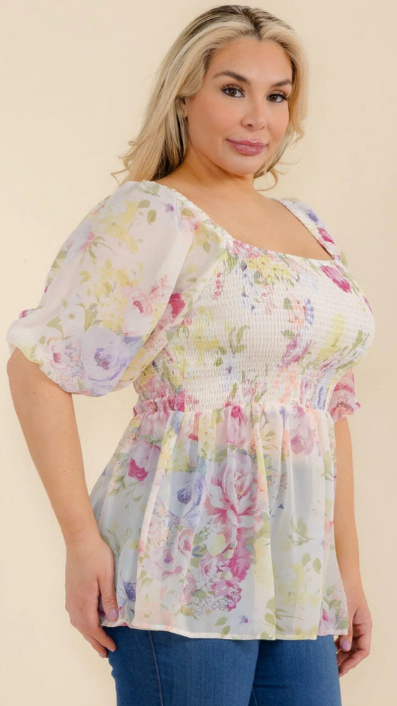 040825 Ivory Square Neck Smock Florals Peplum Short Sleeve Blouse