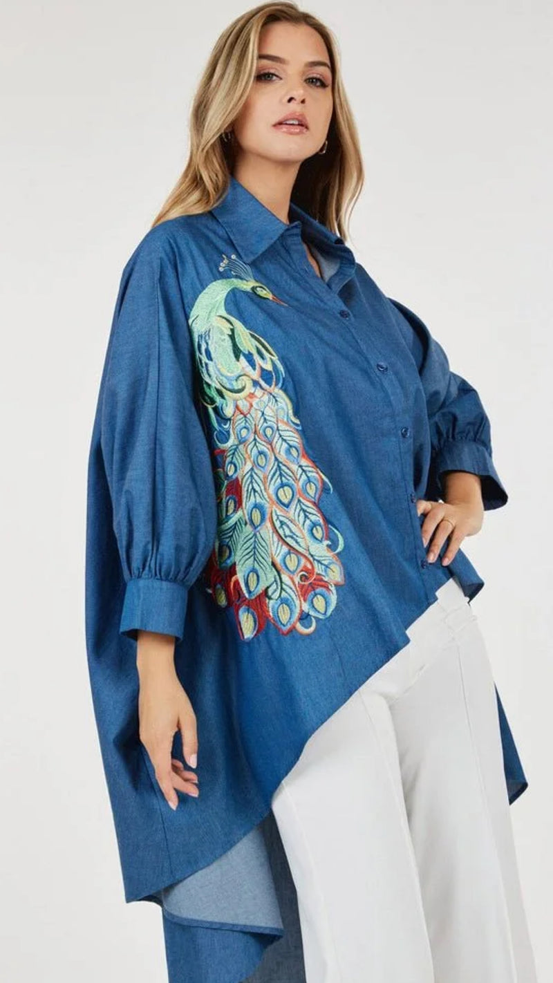 020525 Denim Oversized High Low Peacocks Print Tunic Blouse