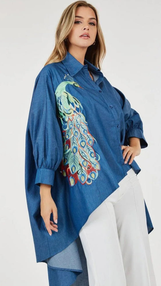 020525 Denim Oversized High Low Peacocks Print Tunic Blouse
