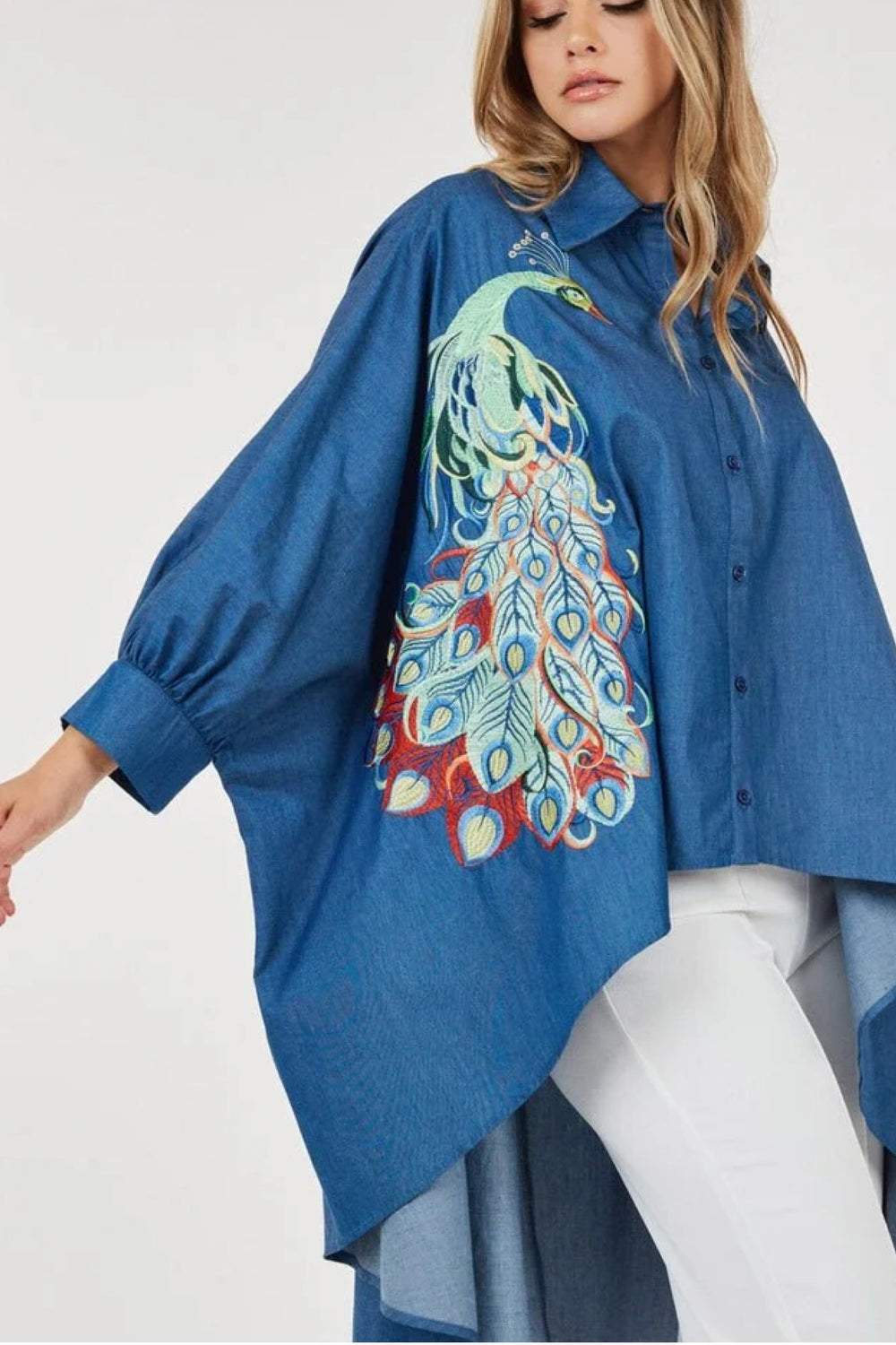 020525 Denim Oversized High Low Peacocks Print Tunic Blouse