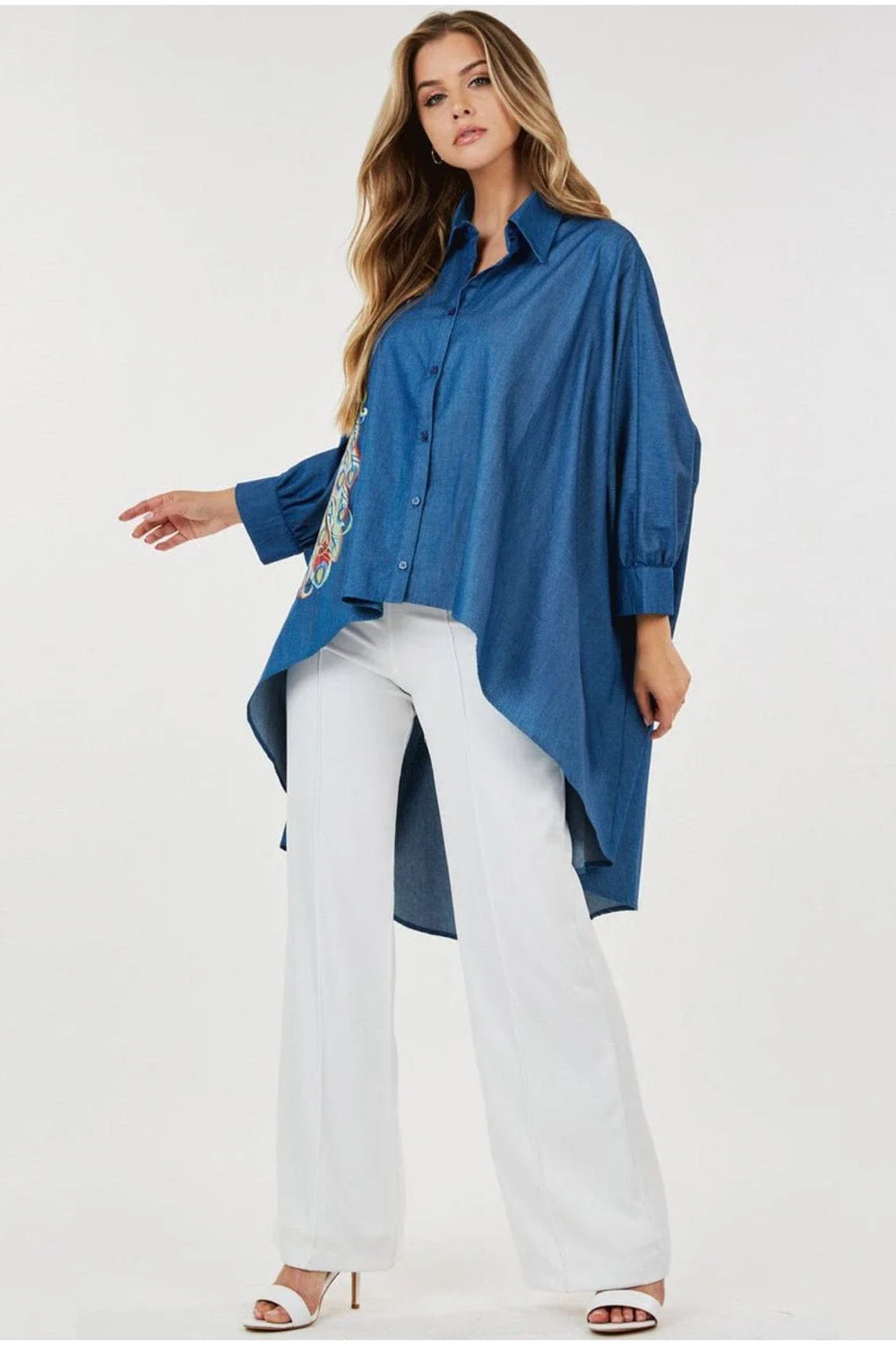 020525 Denim Oversized High Low Peacocks Print Tunic Blouse