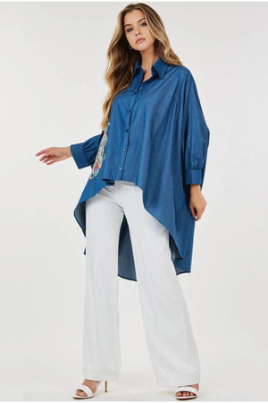 020525 Denim Oversized High Low Peacocks Print Tunic Blouse