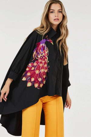 020525 Black Oversized High Low Peacocks Print Tunic Blouse