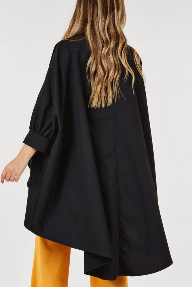 020525 Black Oversized High Low Peacocks Print Tunic Blouse