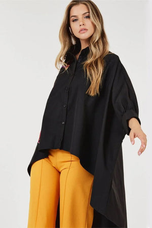 020525 Black Oversized High Low Peacocks Print Tunic Blouse