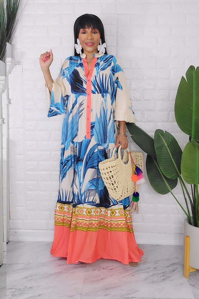 060624 The cream and Blue Florals Bohemian Maxi Dress