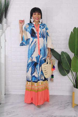 060624 The cream and Blue Florals Bohemian Maxi Dress