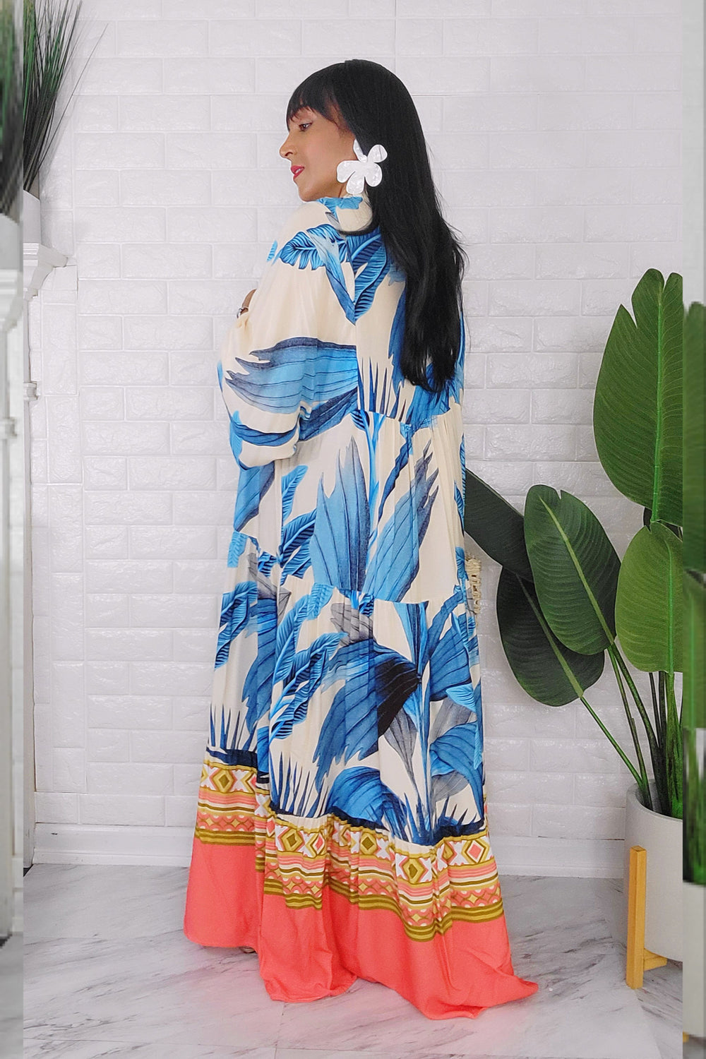 060624 The cream and Blue Florals Bohemian Maxi Dress