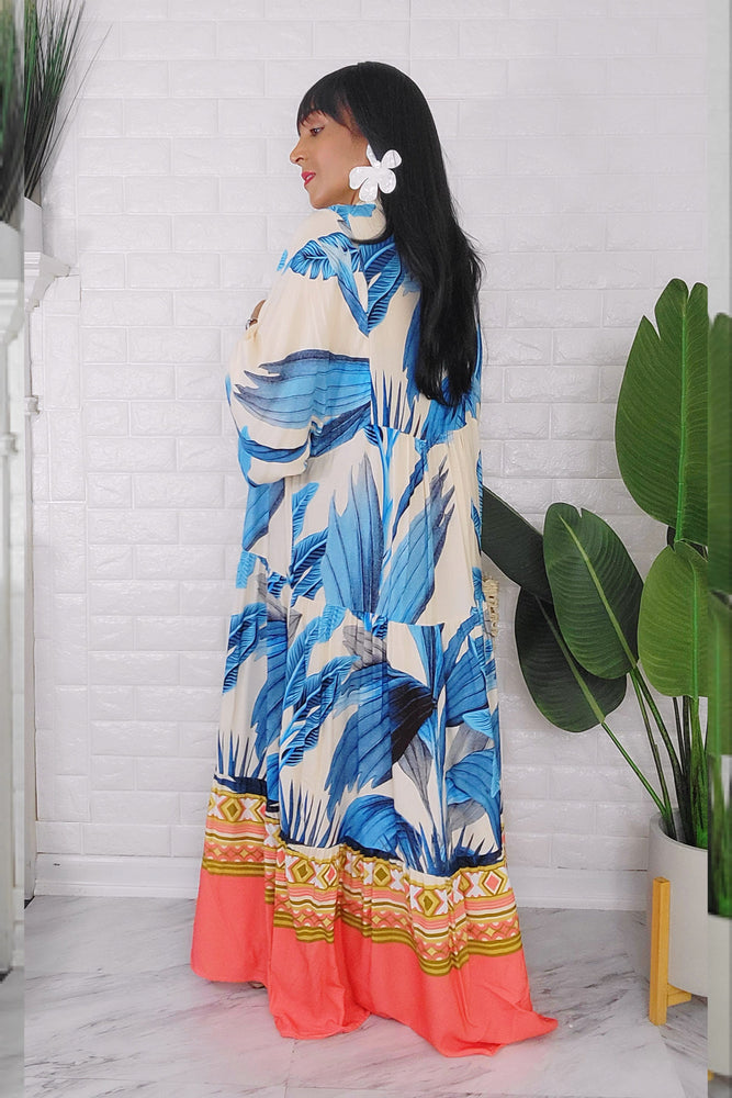 060624 The cream and Blue Florals Bohemian Maxi Dress