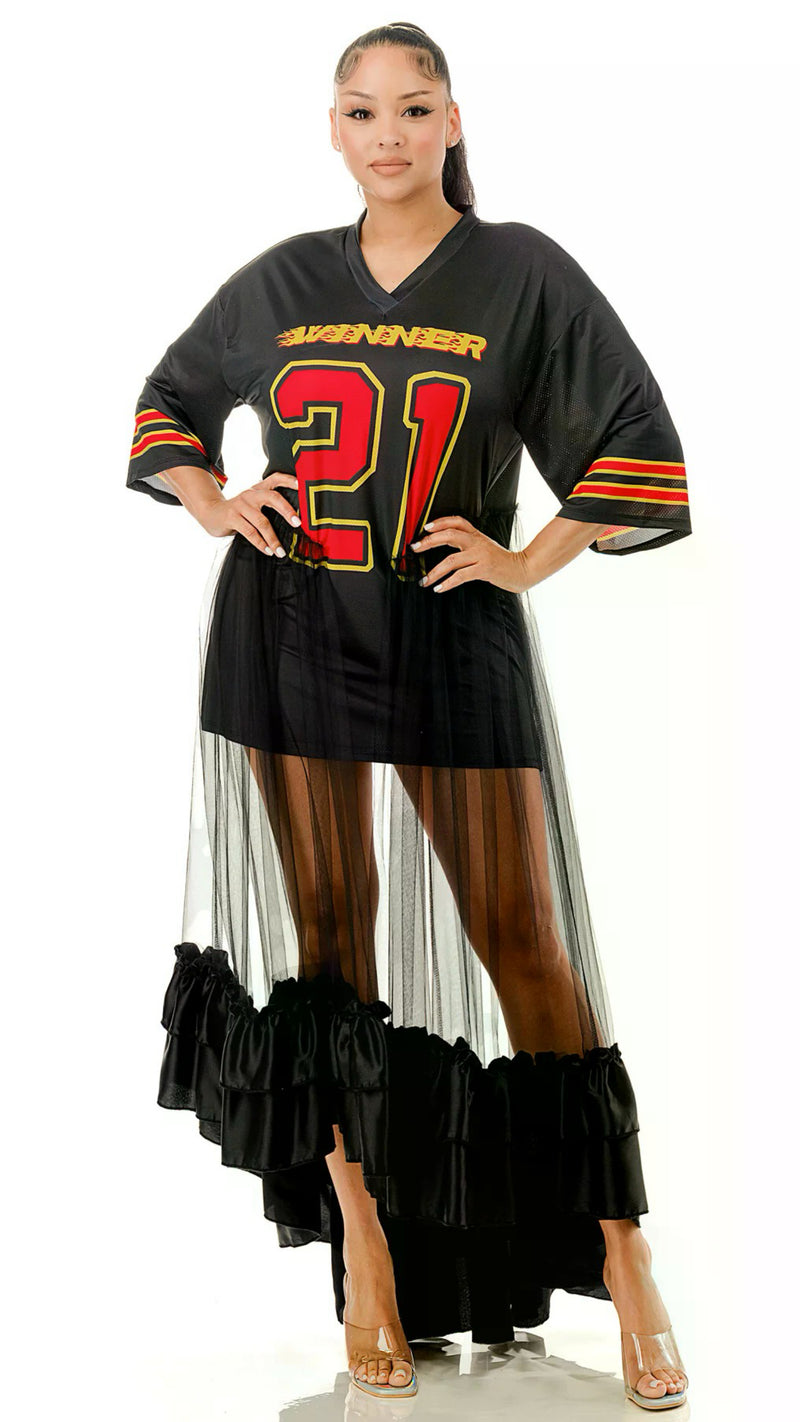 072925 The Jersey Top Ruffle Hem Panel Oversized Dress Top- Black