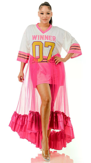 072925 The Jersey Top Ruffle Hem Panel Oversized Dress Top- Pink