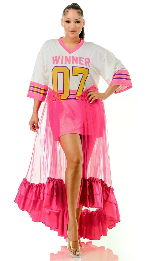 072925 The Jersey Top Ruffle Hem Panel Oversized Dress Top- Pink