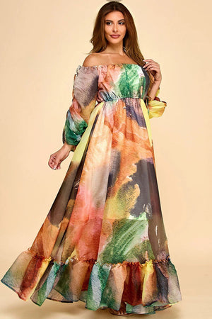 081825 Le ballon Larose Off The Shoulder Flare Maxi Dress- Multi Brown