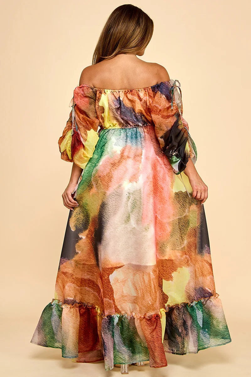 081825 Le ballon Larose Off The Shoulder Flare Maxi Dress- Multi Brown