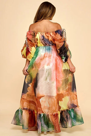 081825 Le ballon Larose Off The Shoulder Flare Maxi Dress- Multi Brown