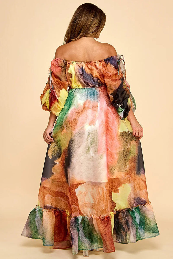 081825 Le ballon Larose Off The Shoulder Flare Maxi Dress- Multi Brown