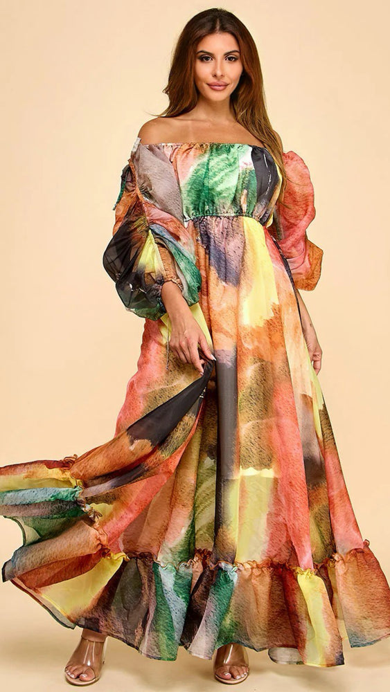 081825 Le ballon Larose Off The Shoulder Flare Maxi Dress- Multi Brown