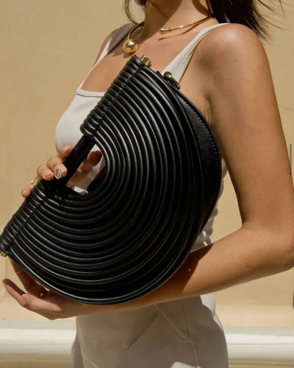 082125 Metallic Sculpted Crescent Shoulder Bag