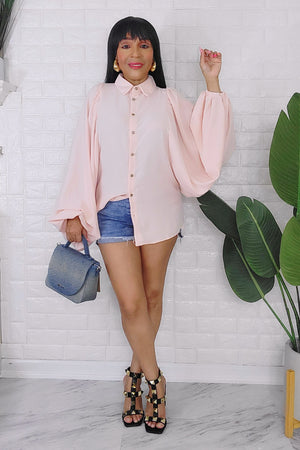 042524 Light Salmon Classic Buttons Down Lantern Sleeve Top