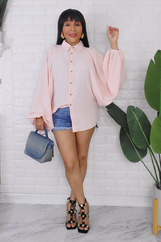 042524 Light Salmon Classic Buttons Down Lantern Sleeve Top