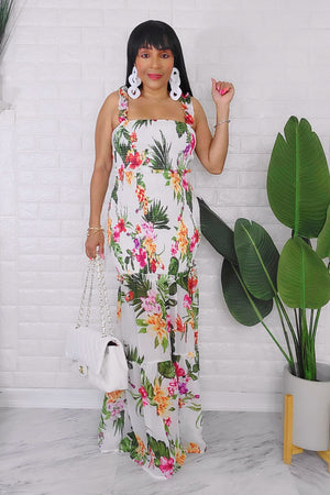 052524 Ivory Floral Chiffon Smocked Ruffle Crop Top & Maxi Skirt Set