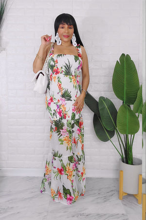 052524 Ivory Floral Chiffon Smocked Ruffle Crop Top & Maxi Skirt Set