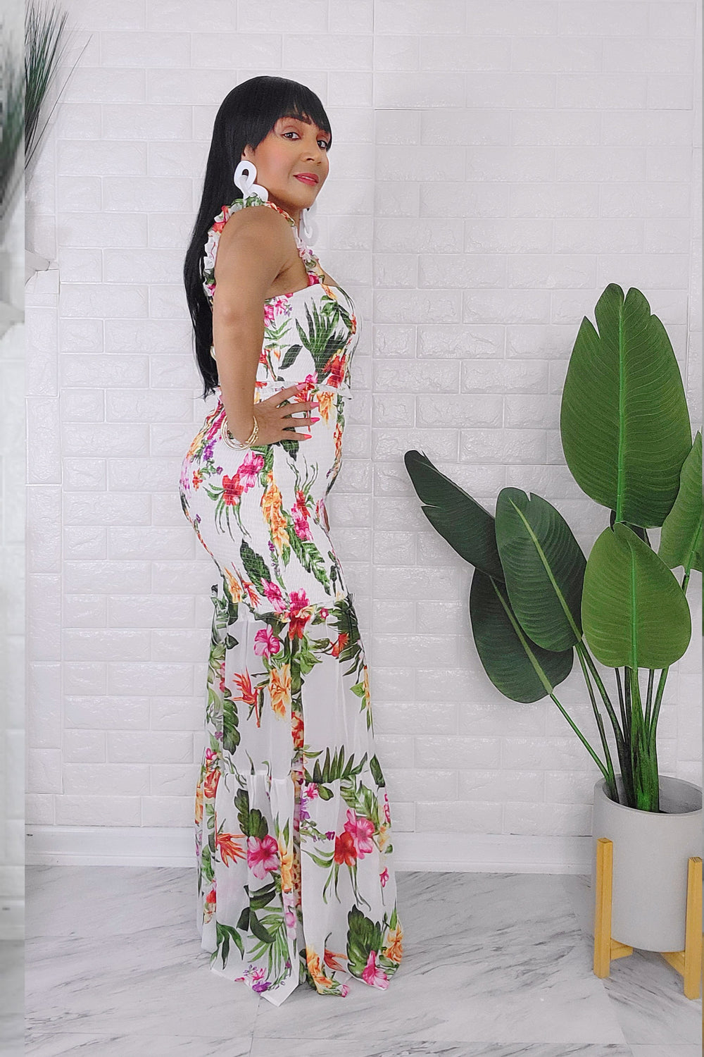 052524 Ivory Floral Chiffon Smocked Ruffle Crop Top & Maxi Skirt Set