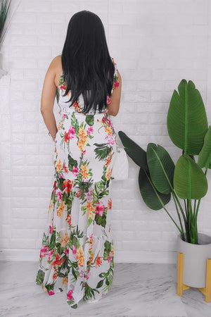 052524 Ivory Floral Chiffon Smocked Ruffle Crop Top & Maxi Skirt Set