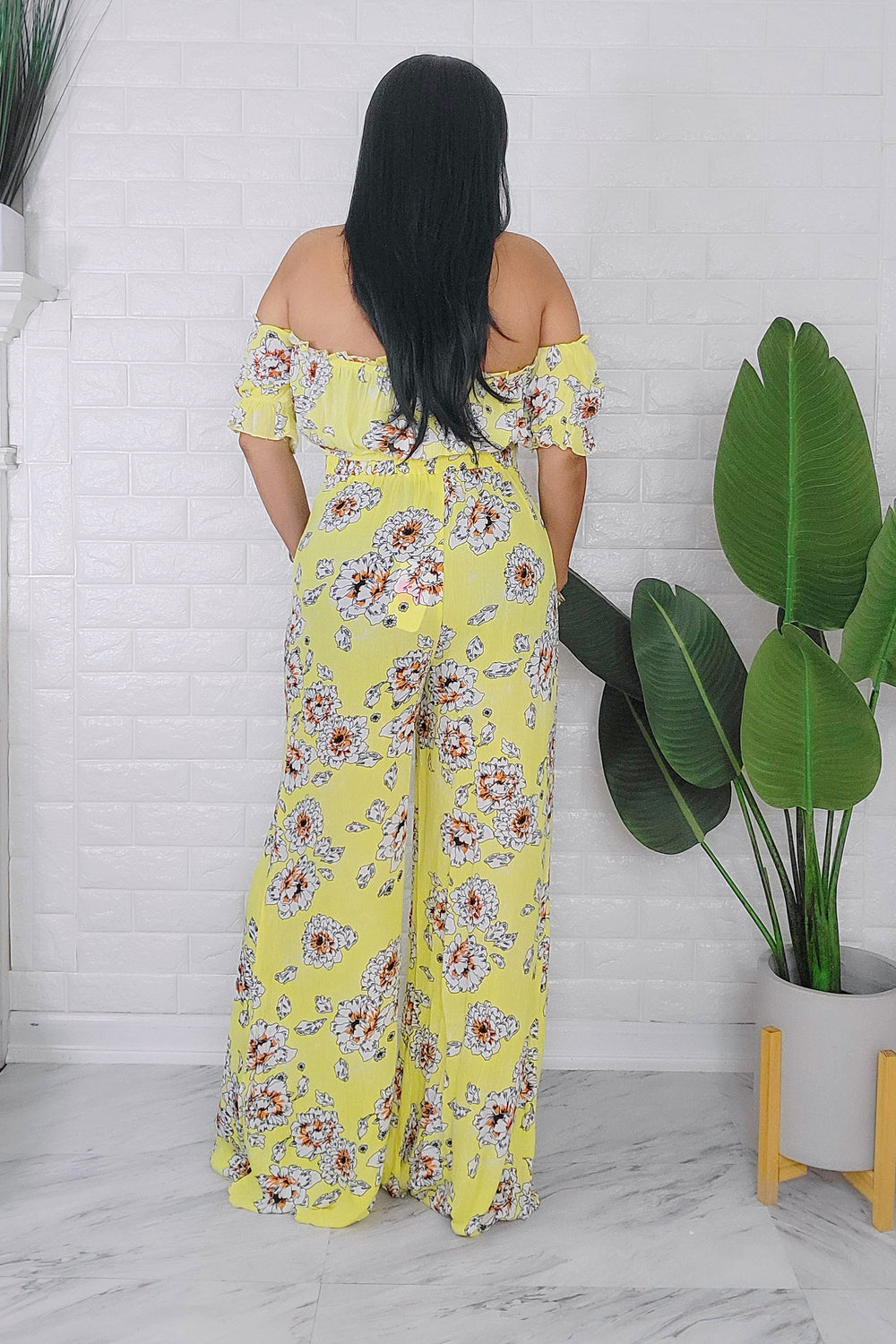 042324 Yellow Spring Flowers Print Lastite High Waist Pants Set
