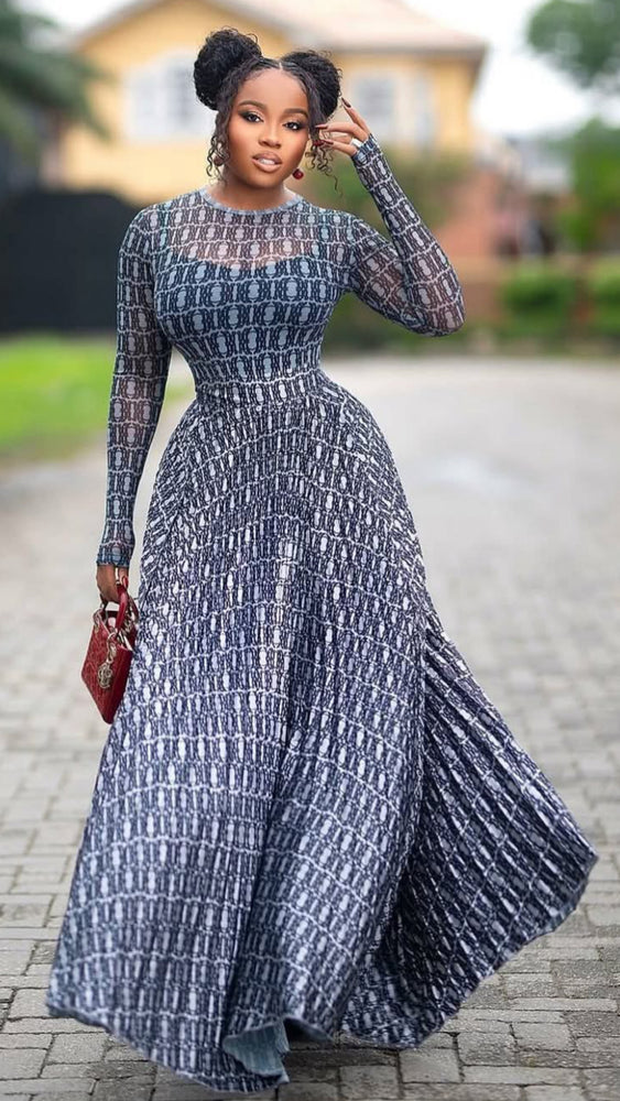 092725 The Sophisticated Geometric Print Long-Sleeve Maxi Skirt Set