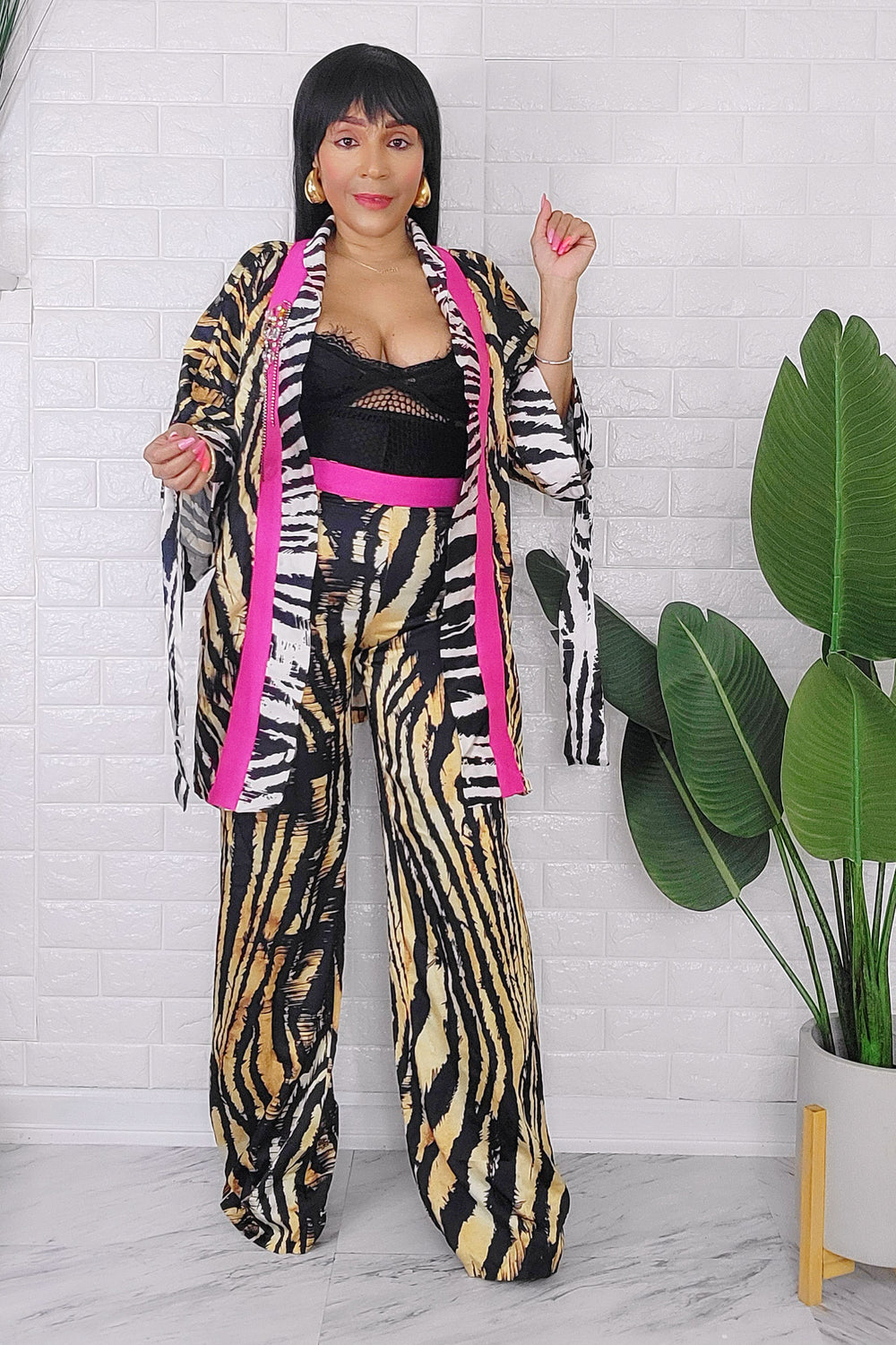 061724 Fuschia Animal Print Short Kimono & Pant Set