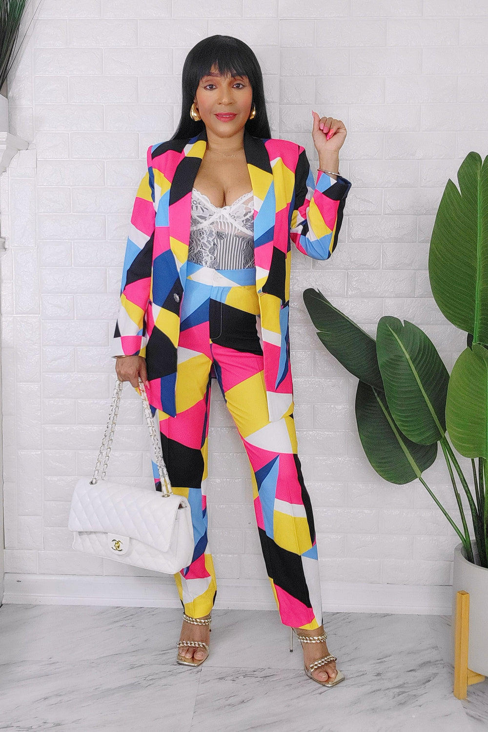 061724 The Yellow Multi Print European Angles Length Pant & Blazer set