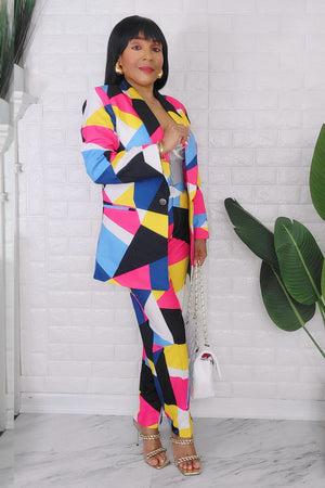 061724 The Yellow Multi Print European Angles Length Pant & Blazer set