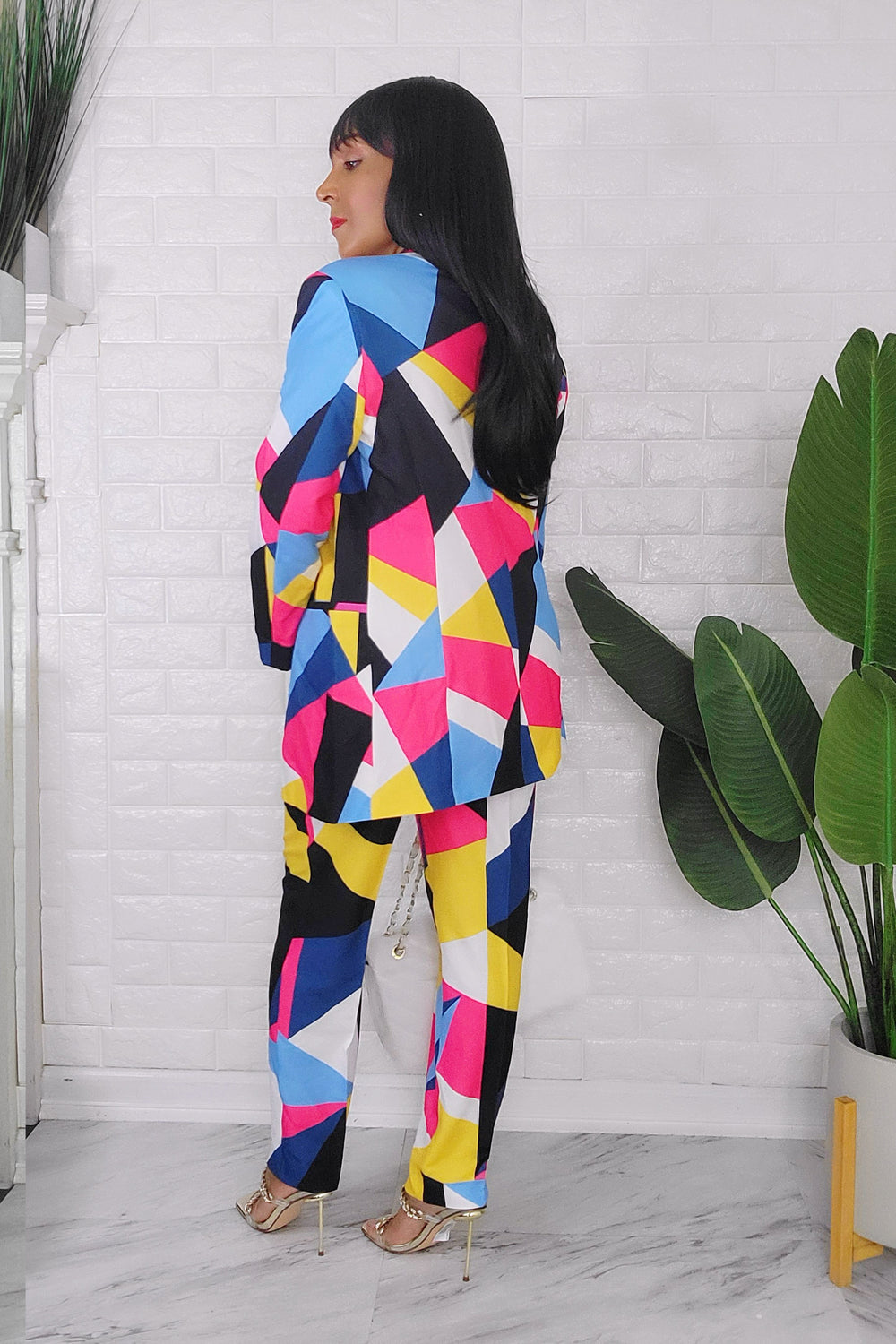 061724 The Yellow Multi Print European Angles Length Pant & Blazer set