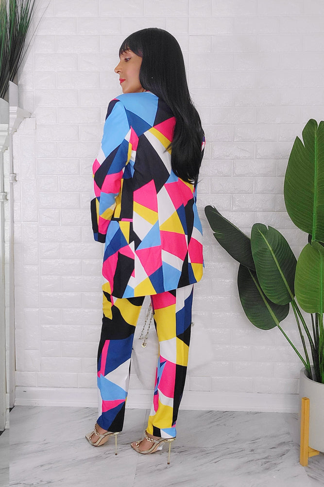 061724 The Yellow Multi Print European Angles Length Pant & Blazer set