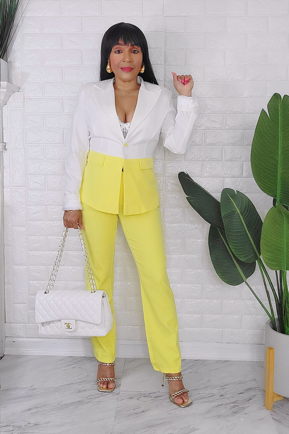 061824 The Yellow White European Angles Length Pant & Blazer set